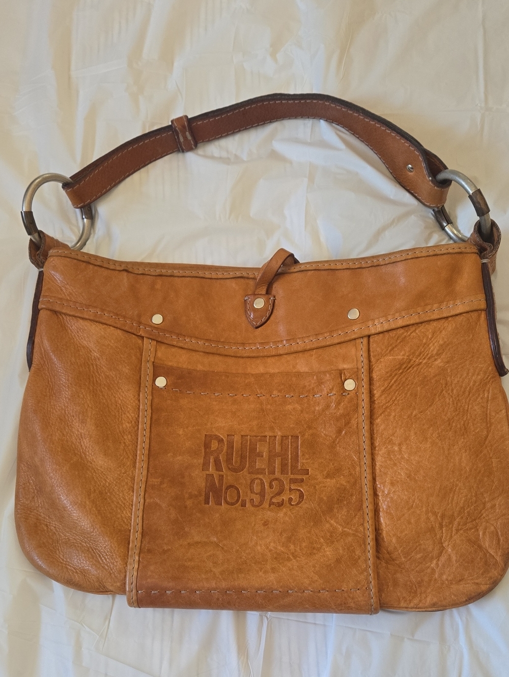 Ruehl No.925 Cognac Brown Leather Shoulder Bag with Brass Accents